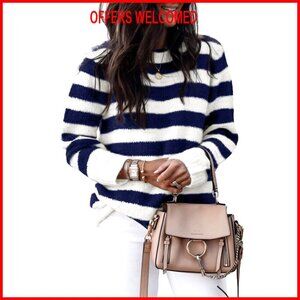 Striped Crewneck Knitted Pullover Sweater, Loose Fit, Long Sleeve, Fall Winter
